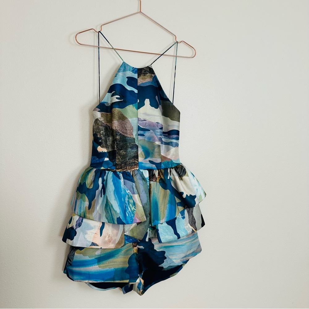 Cameo Artistic Blue Green Layered Halter Open Back Jumpsuit with Abstract Print - Picture 6 of 10